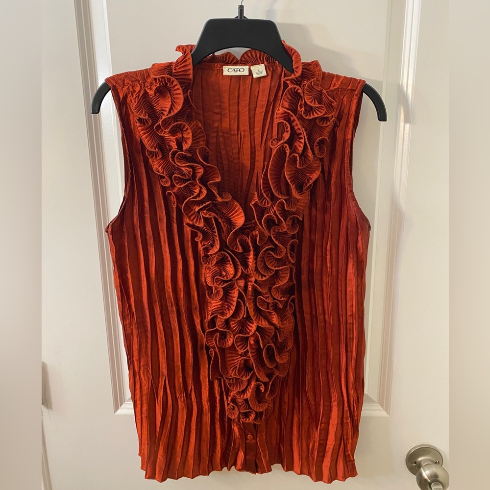 Cato, Large, Dark/Burnt Orange ruffled sleeveless top